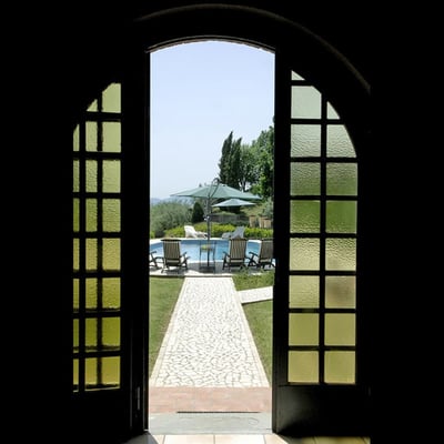 Looking out from the living room towards the pool