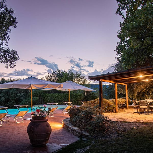 The pool has wonderful views over vineyards