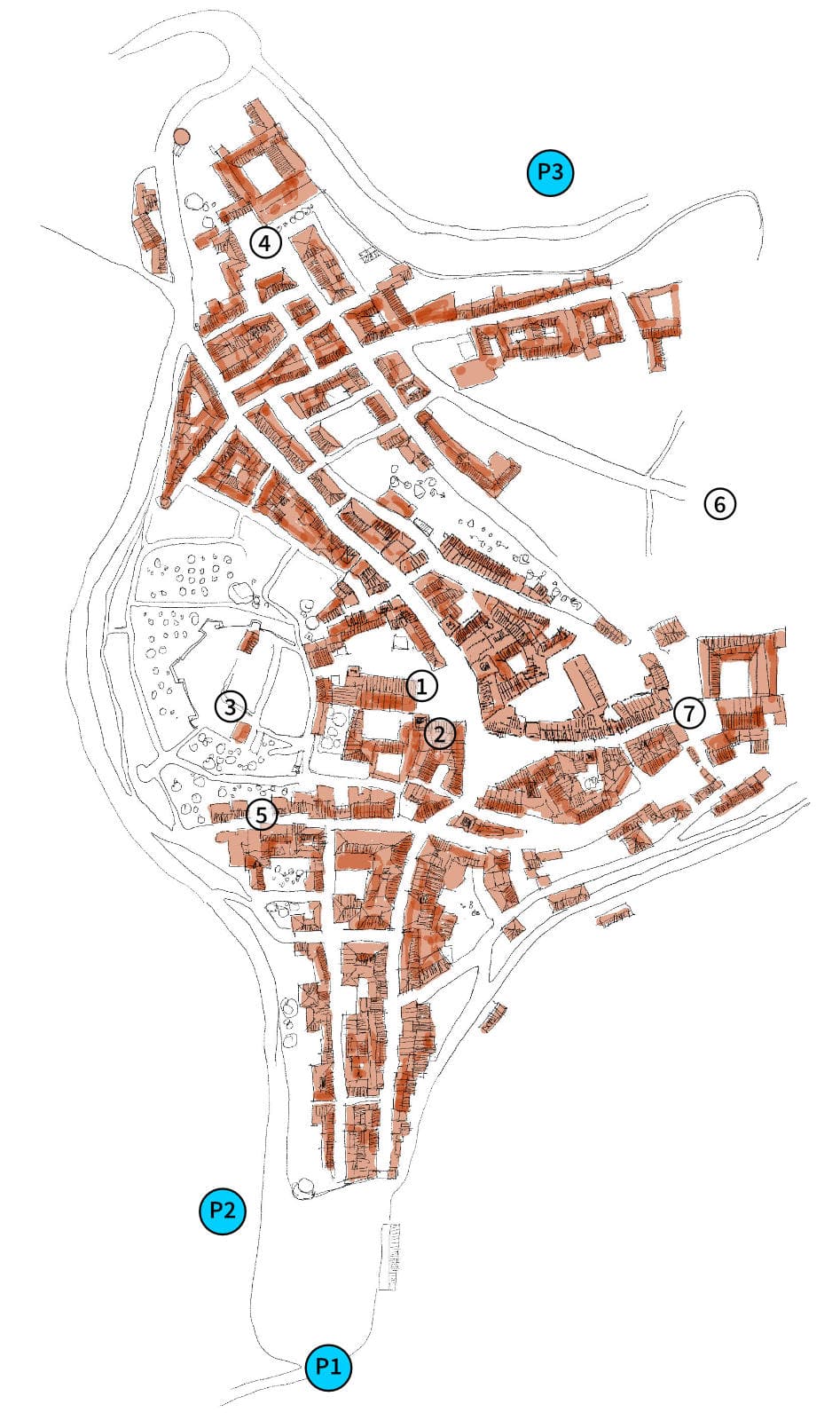 A plan I sketched of the layout of San Gimignano. © Daniel Wrightson sangim-plan-labelled