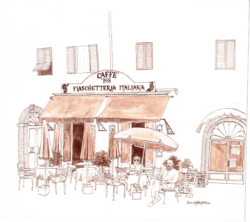 This is a drawing I did years ago of the charming little cafe in the main square of Montalcino - it''s still there today and still looks the same, over 30 years later! fiaschetteria