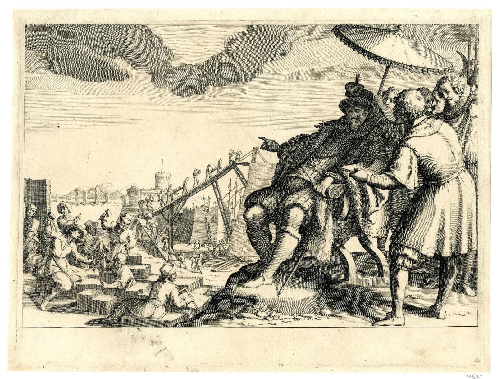 The fortification of the harbour at Livorno: Ferdinand I of Tuscany sits at right, under the shade of an umbrella, and addresses an engineer standing at right and presenting him a model of the fortifications; men working on the fortifications in the background. © The Trustees of the British Museum. Shared under a Creative Commons Attribution-NonCommercial-ShareAlike 4.0 International (CC BY-NC-SA 4.0) licence federico-oversees-fortezza-livorno-sm