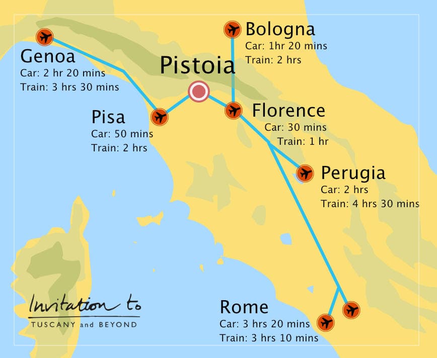 Map of distances to Pistoia from nearby airports in Italy pistoia-airports-map-italy