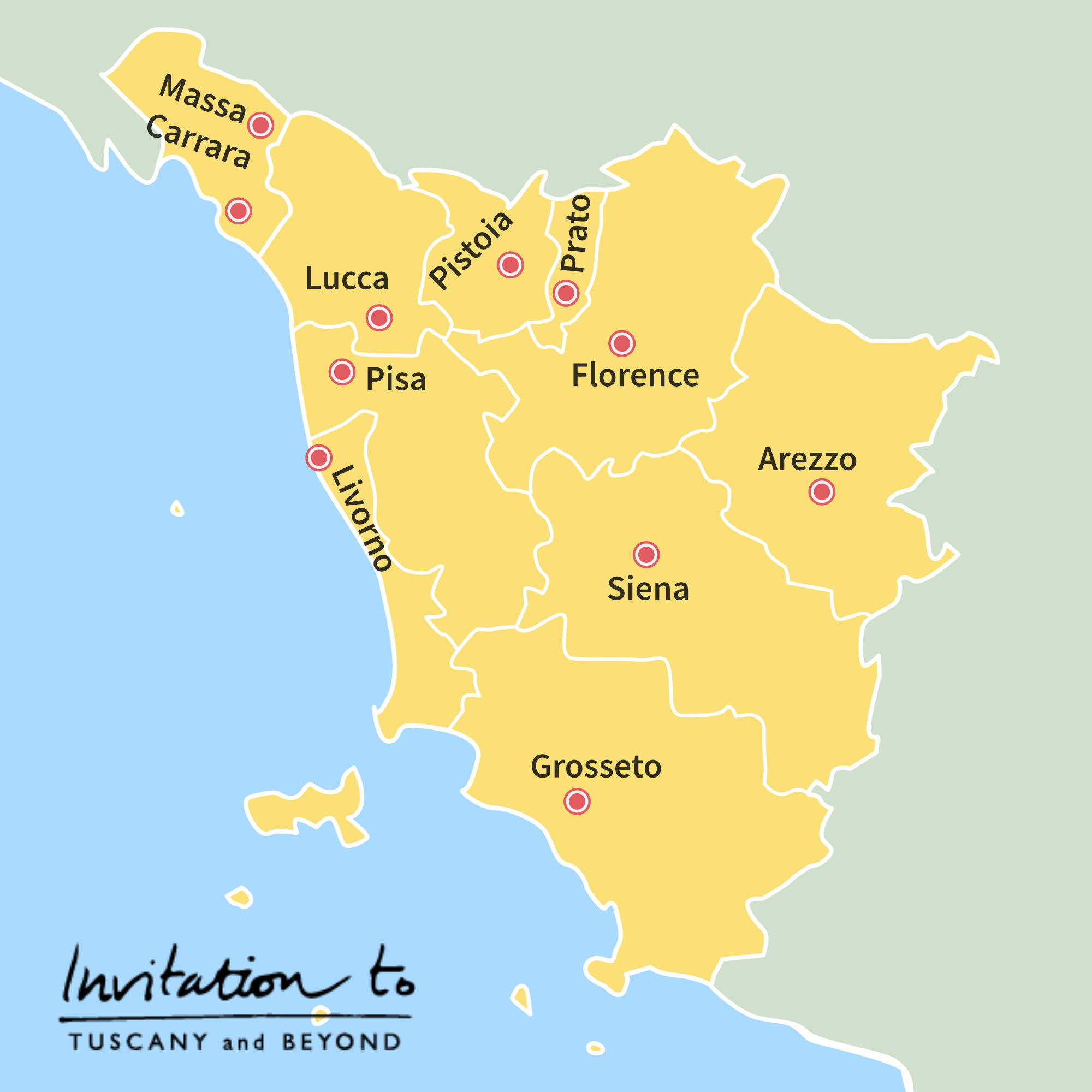 Map of Tuscan Provinces. Chianti is between Florence and Siena while the Val d'Orcia is below Siena. tuscany-provinces-map